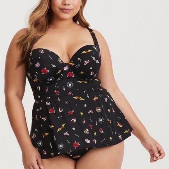 Torrid Underwire Push Up Peplum One Piece Swimsuit Size 1 1X Black Tattoo Dagger - Picture 1 of 9